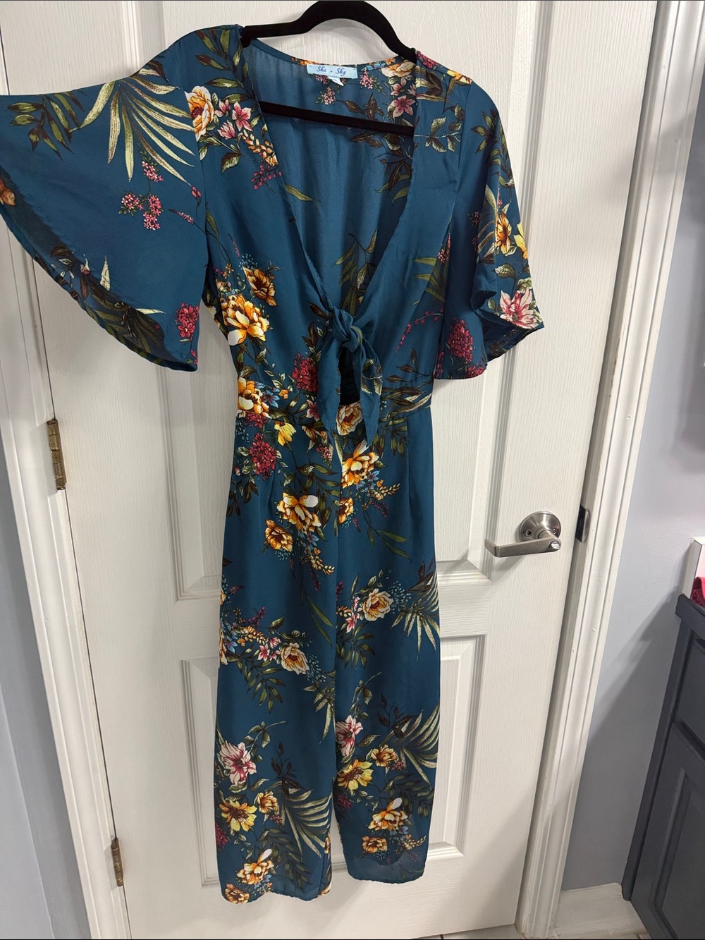 She + Sky Teal Floral Jumpsuit with Yellow & Pink Accents -Culotte Length-Boho